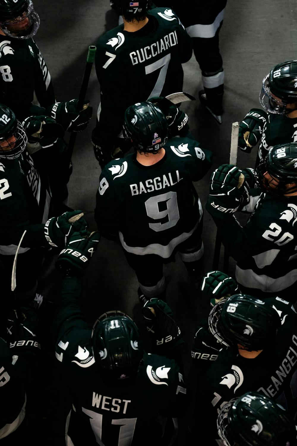 <p>Michigan State players prepare to take the ice against the under-18 U.S. Men's National Team Development Program at USA Hockey Arena in Plymouth, Michigan on Nov. 21, 2024. In front of a sold out crowd, the Spartans captured a convincing 6-2 victory, showcasing why they deserve their ranking of number two in the nation.</p>