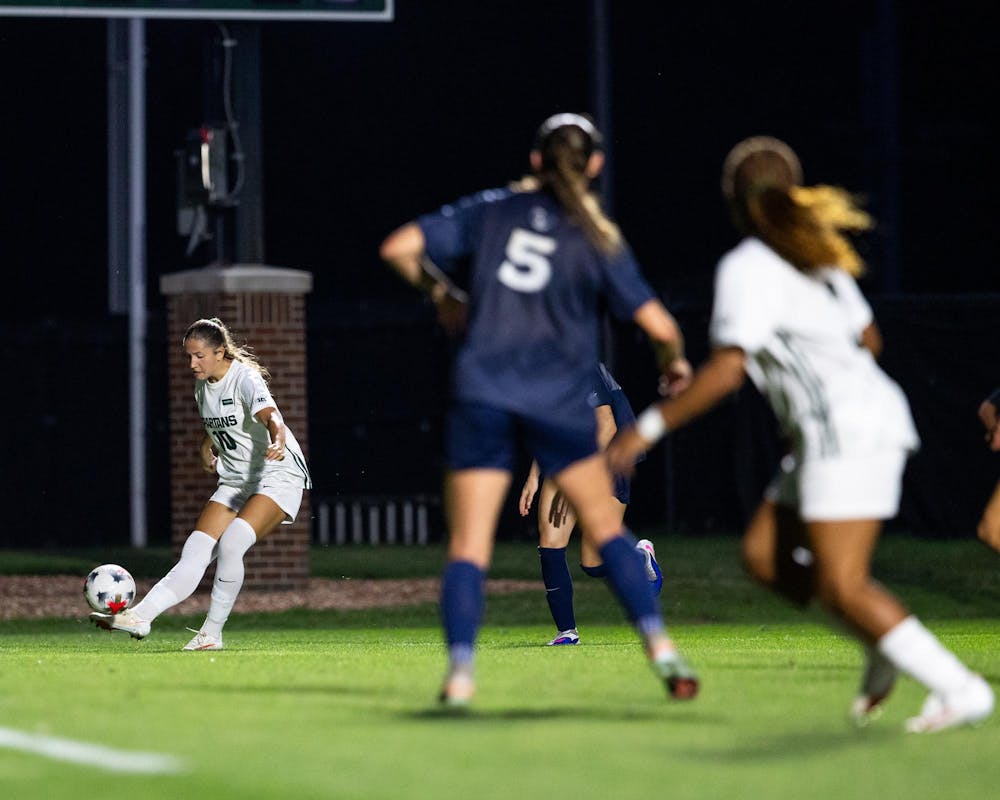 <p>Michigan State Fr. M, Lacey Kindel (10), crosses the ball towards the net for her teammates in DeMartin Stadium in East Lansing, Mich., on Aug. 12, 2026.</p>