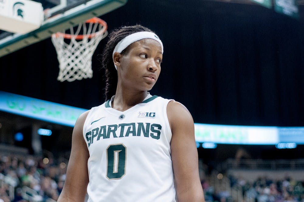 	<p>Sophomore guard Kiana Johnson looks off to a teammate during the game against Penn State on Jan. 6, 2013, at Breslin Center. The Spartans lost to the Nittany Lions 76-55. Natalie Kolb/The State News</p>