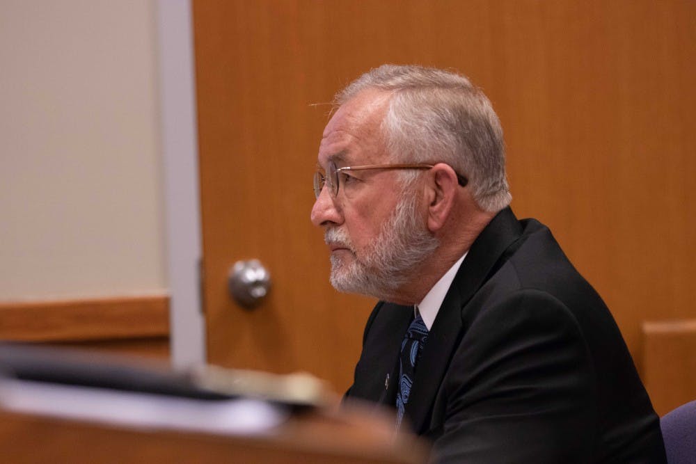 Former MSU dean William Strampel sits during his preliminary hearing  on June 5, 2018 at the 54B District Court. Strampel is charged with four criminal charges including a fourth-degree criminal sexual conduct charge and a felony count of misconduct in office.