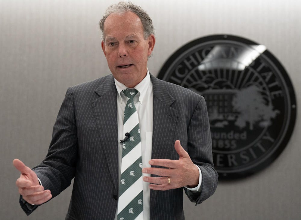 Michigan State University Interim Provost Thomas Jeitschko answers media questions after the Oct. 25, 2024 Board of Trustees meeting at the Hannah Administration building.