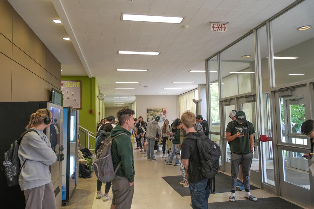 <p>Students waiting in the hall for CHEM 141 at the Chemistry Building on Sept. 28, 2023. This class has over 3,000 students and is spilt into several sections to accommodate the amount of students.</p>