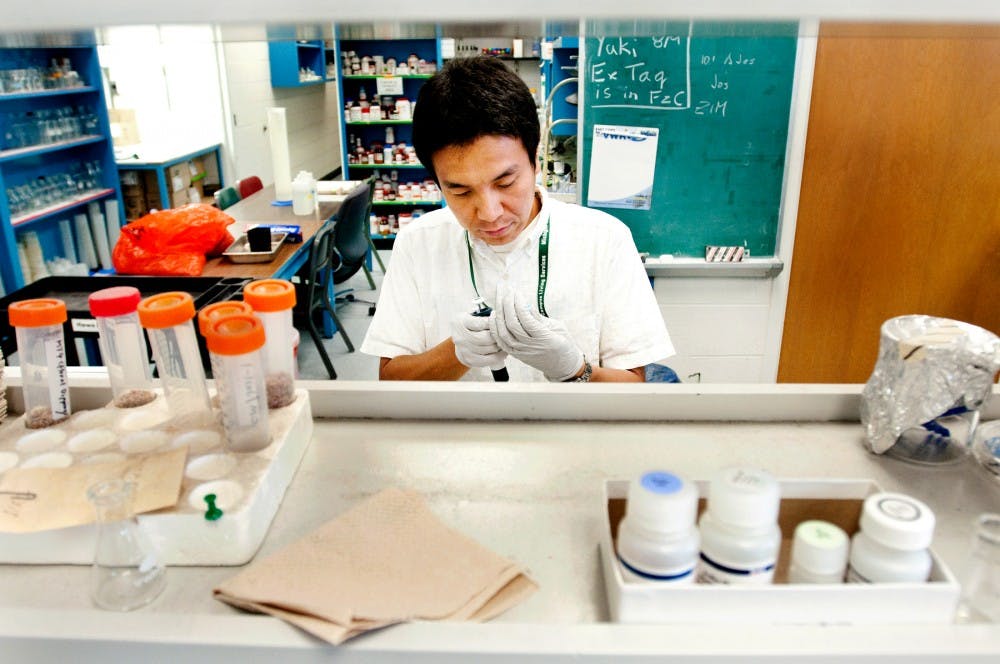 	<p>Japanese scientist Masaru Nakata mixes different proteins to analyze their effect of yeast Friday afternoon at the Plant Biology building. Before coming to <span class="caps">MSU</span>, Nakata was working at the National Institute for Advanced Industrial Science and Technology in Japan when the massive spring earthquake struck and destroyed his laboratory.</p>