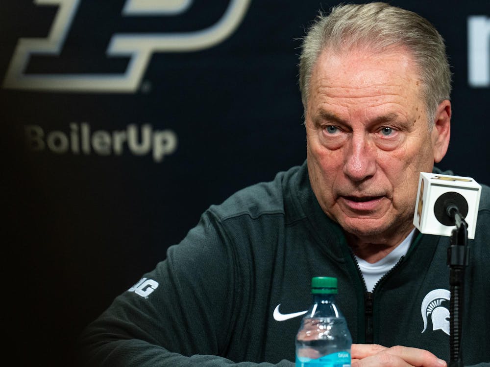 <p>Michigan State men's basketball head coach Tom Izzo speaks in a press conference inside Mackey Arena in West Lafayette, Indiana, on Thursday, Feb. 26, 2026. MSU beat Purdue 76-74.</p>