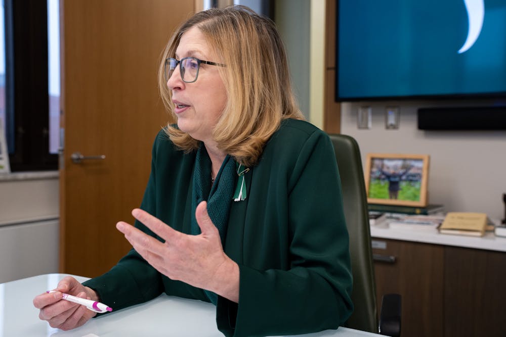 MSU Interim President Teresa Woodruff in her office during an exclusive interview with The State News on Feb. 23, 2023. 