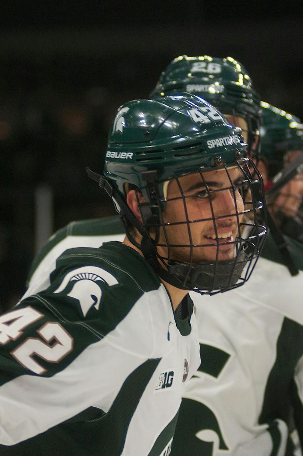 	<p>Senior defender Jake Chelios reacts to his first goal of the season during the game against Princeton on Nov. 29, 2013, at Munn Ice Arena. The Spartans defeated Princeton, 4-1. Danyelle Morrow/The State News</p>