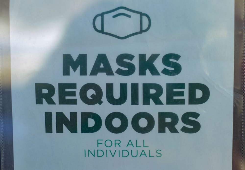 Sign that requires masks inside of Michigan State buildings taken Feb 20, 22 in East Lansing.
