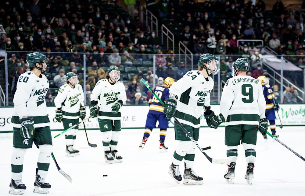 <p>Michigan State junior Erik Middendorf celebrating with his team after scoring in the third period against Notre Dame on Feb. 19, 2022. Spartans lost 4-2 against Notre Dame.</p>