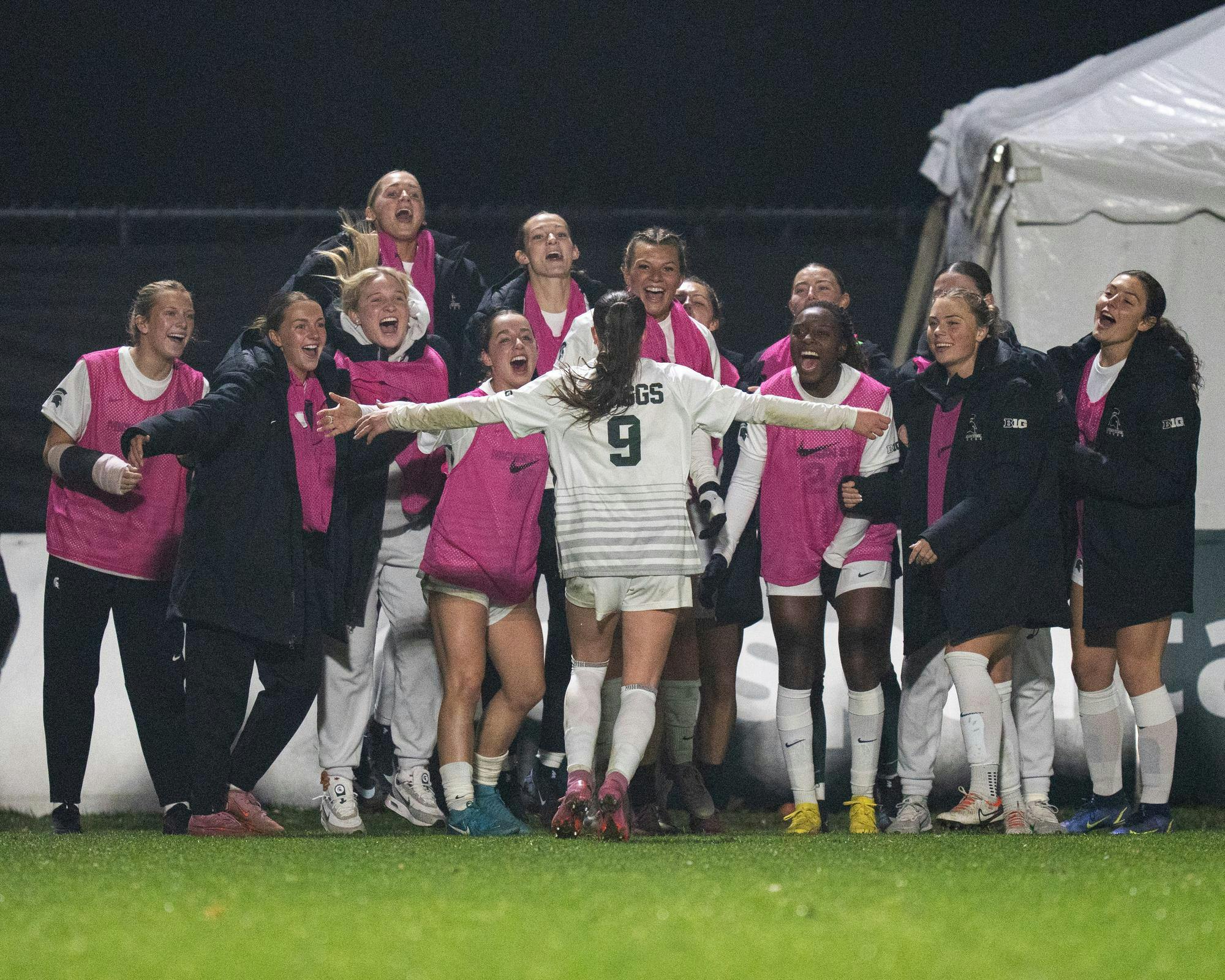 <p>MSU Jr. M Kayla Briggs (9) celebrates runs to her teammates in DeMartin Stadium in East Lansing, MI on Nov. 20, 2025.</p>
