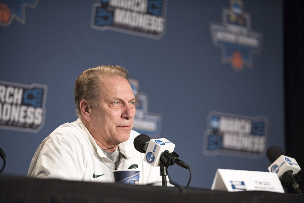 Head coach Tom Izzo speaks to the media during a press conference on March 16, 2017 at the BOK Center in Tulsa, Okla.