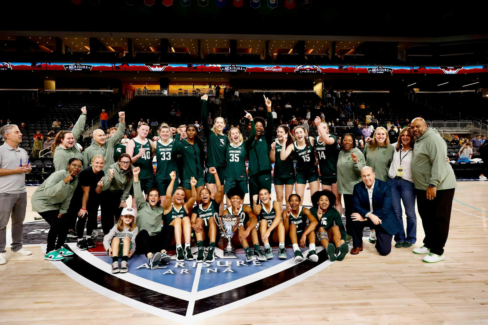 MSU women's basketball celebrates its Acrisure Classic Invitational Championship in Palm Springs, California, on Wednesday, Nov. 27, 2024. Photo courtesy of MSU Athletic Communications. 