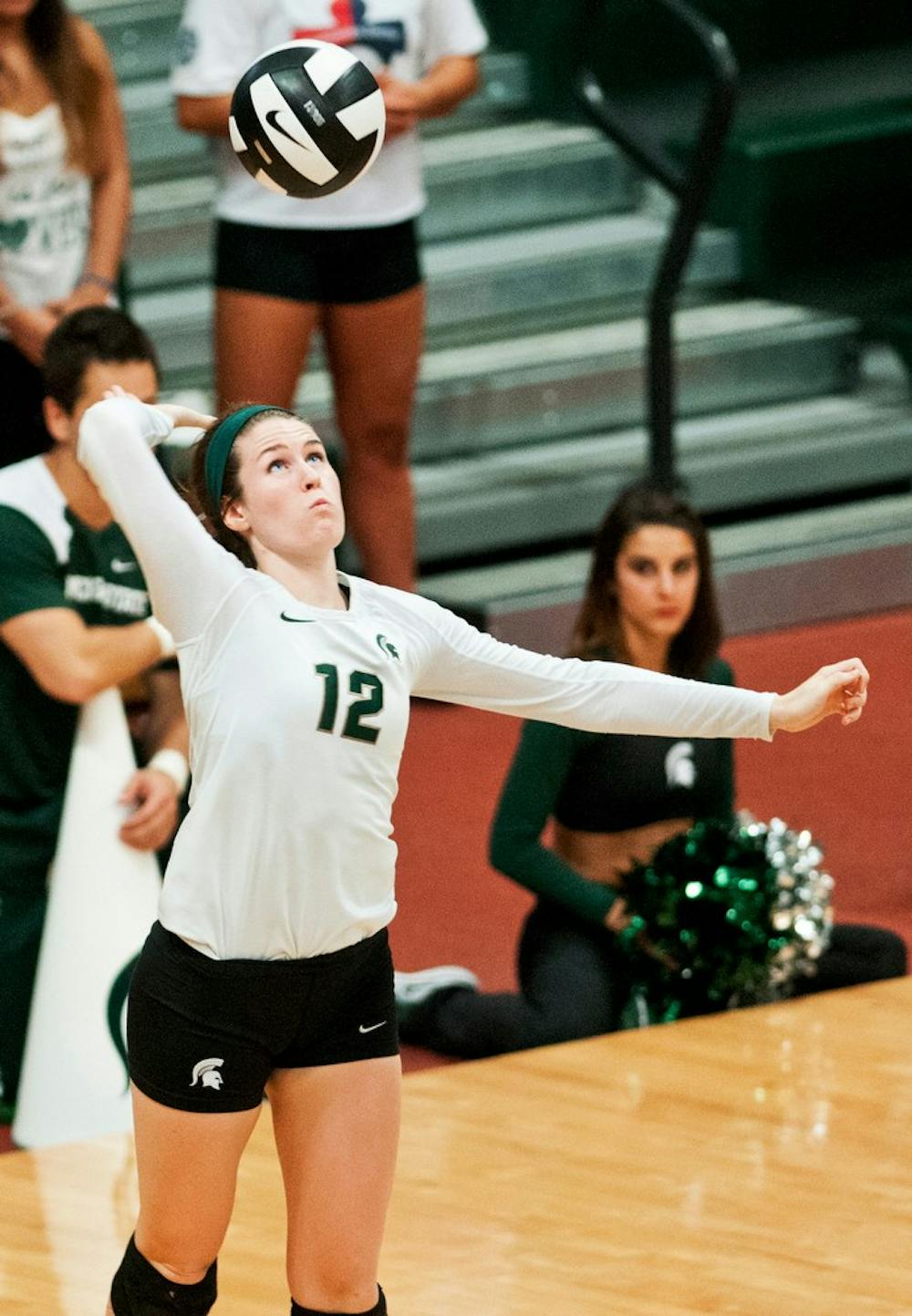 	<p>Senior setter Kristen Kelsay serves the ball Sept. 20, 2013 at Jenison Field House. The Spartans defeated Eastern Michigan in three straight sets. Khoa Nguyen/ The State News</p>