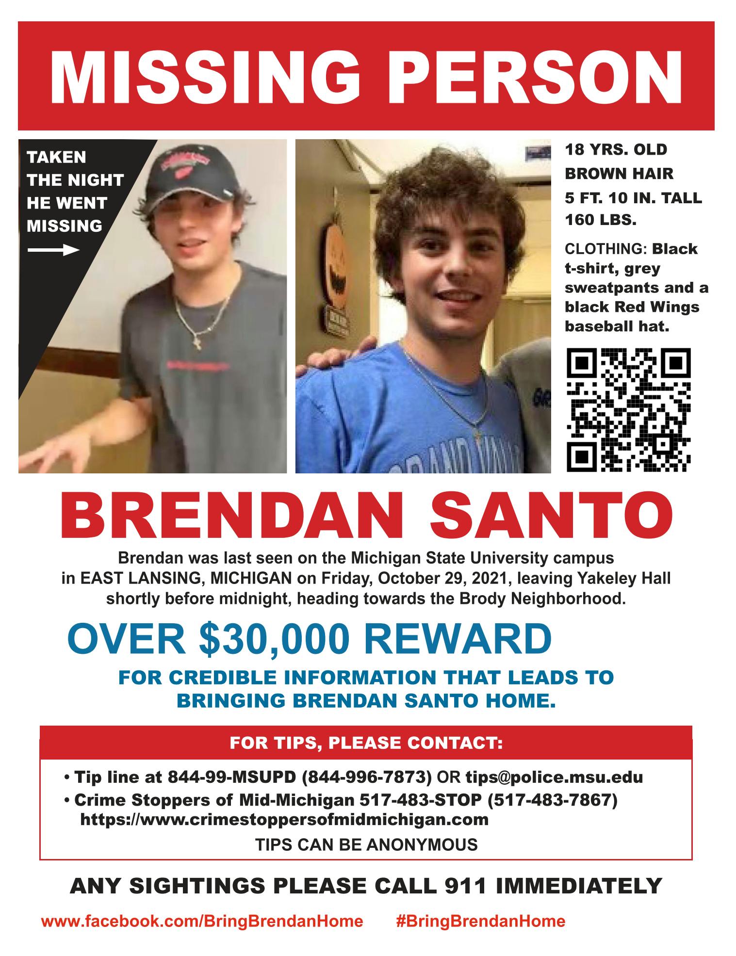 <p>Flyer for the search of missing Grand Valley State University student, Brendan Santo.</p>