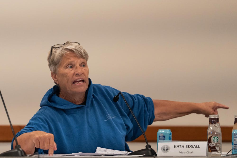 <p>Commission Vice-Chair Kath Edsall speaks at the East Lansing Independent Police Oversight Commission (ELIPOC) meeting at the Hannah Community Center in East Lansing, Mich., on Aug. 5, 2026.</p>
