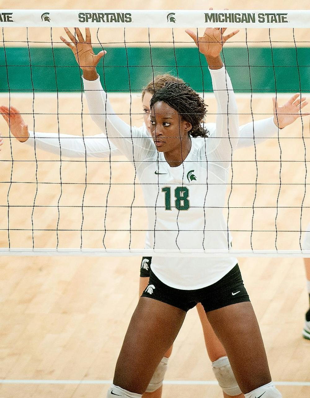 	<p>Junior middle blocker Alexis Mathews prepares for a serve on Friday at Jenison Field House. Mathews contributed 13 points in the Spartans’ 3-1 loss to Northwestern. </p>