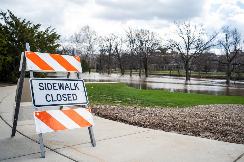 Flooding on Michigan State University’s campus in East Lansing, Mich., is pictured on Monday, April 6, 2026.