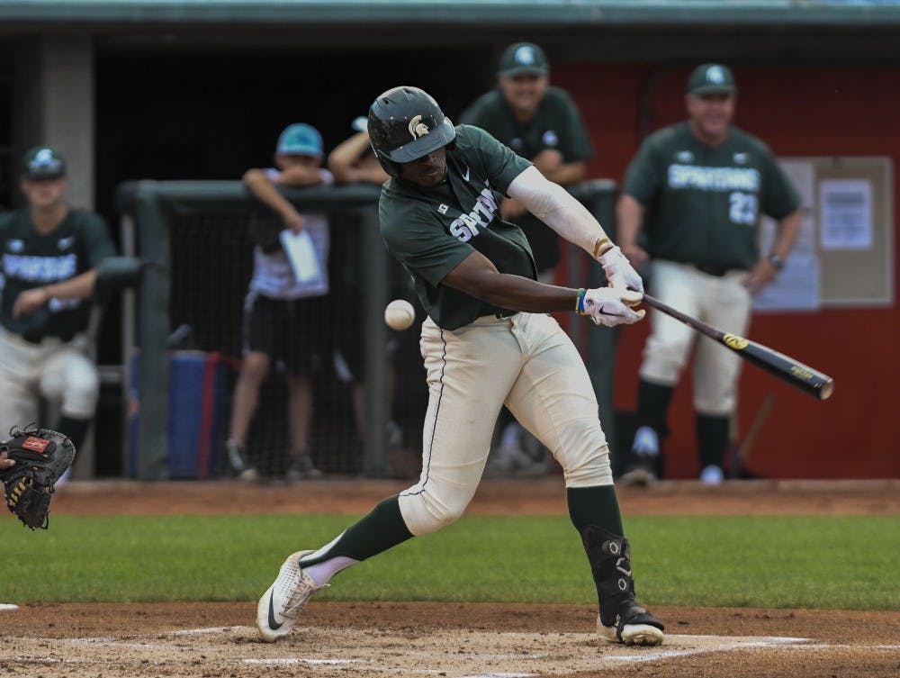 Freshman outfielder Zaid Walker (3) swings during the 13th Annual Crosstown Showdown on Sept. 3, 2019 at Cooley Stadium in Lansing. The Lugnuts defeated the Spartans, 5-1. 