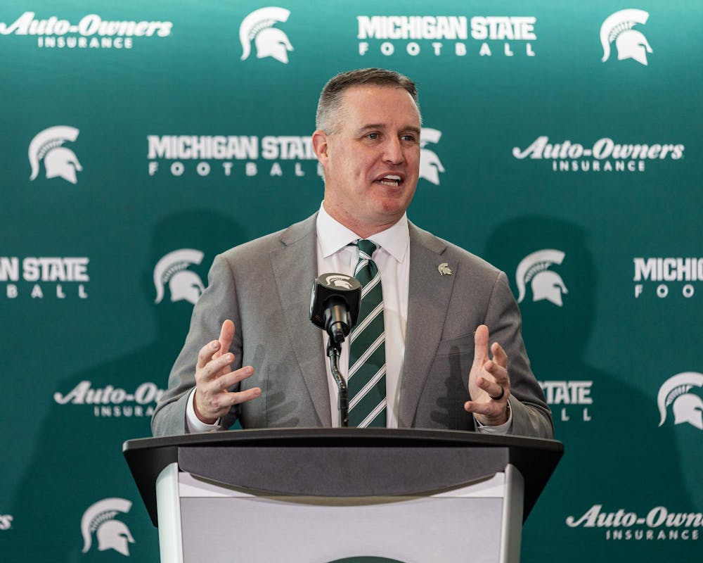 MSU's new football HC Pat Fitzgerald gives a speech in the Tom Izzo football building in East Lansing, MI on Dec. 2, 2025.