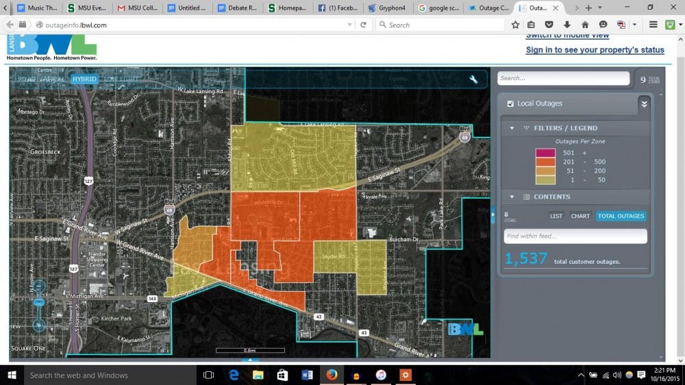 <p>Map of current power outages in East Lansing.</p>