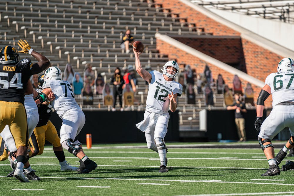 <p>MSU quarterback Rocky Lombardi fires a pass during the Spartans 49-7 loss to Iowa on Nov. 7, 2020. Lombardi is a native of Clive, Iowa, which is located two hours west of the University of Iowa campus in Iowa City. Photo Courtesy of MSU Athletic Communications.</p>