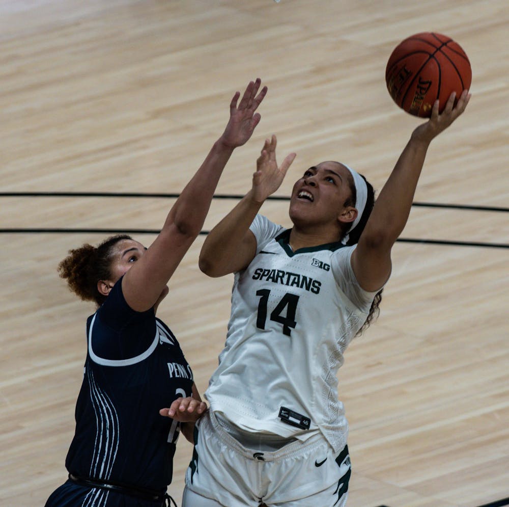 <p>Parks attempts a shot at the Penn State net in the third quarter and is successful. The Spartans finally defeated the Lady Lions 75-66 on the second day of the Big Ten Tournament hosted at Bankers Life Fieldhouse in Indianapolis. Shot on March 10, 2021.</p>