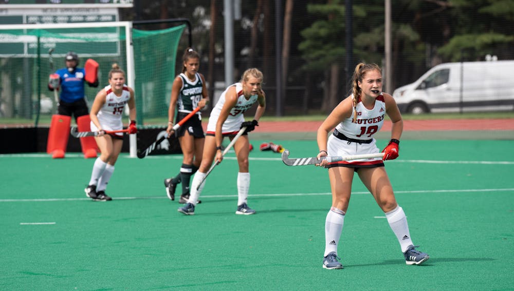 <p>Rutgers Sophomore player Noelle Leaf prepares for the ball during the match on Sept. 16, 2022.﻿</p>