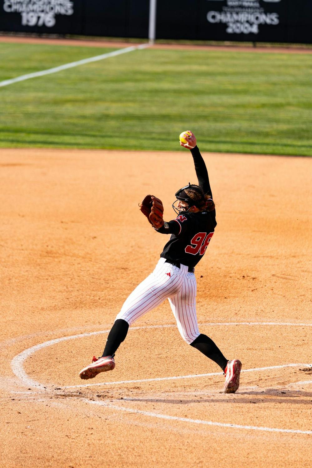 Nebraska Senior Jordy Frahm winding up a pitch during the MSU V Nebraska Softball game at Secchia Stadium in East Lansing, on March 20 2026.