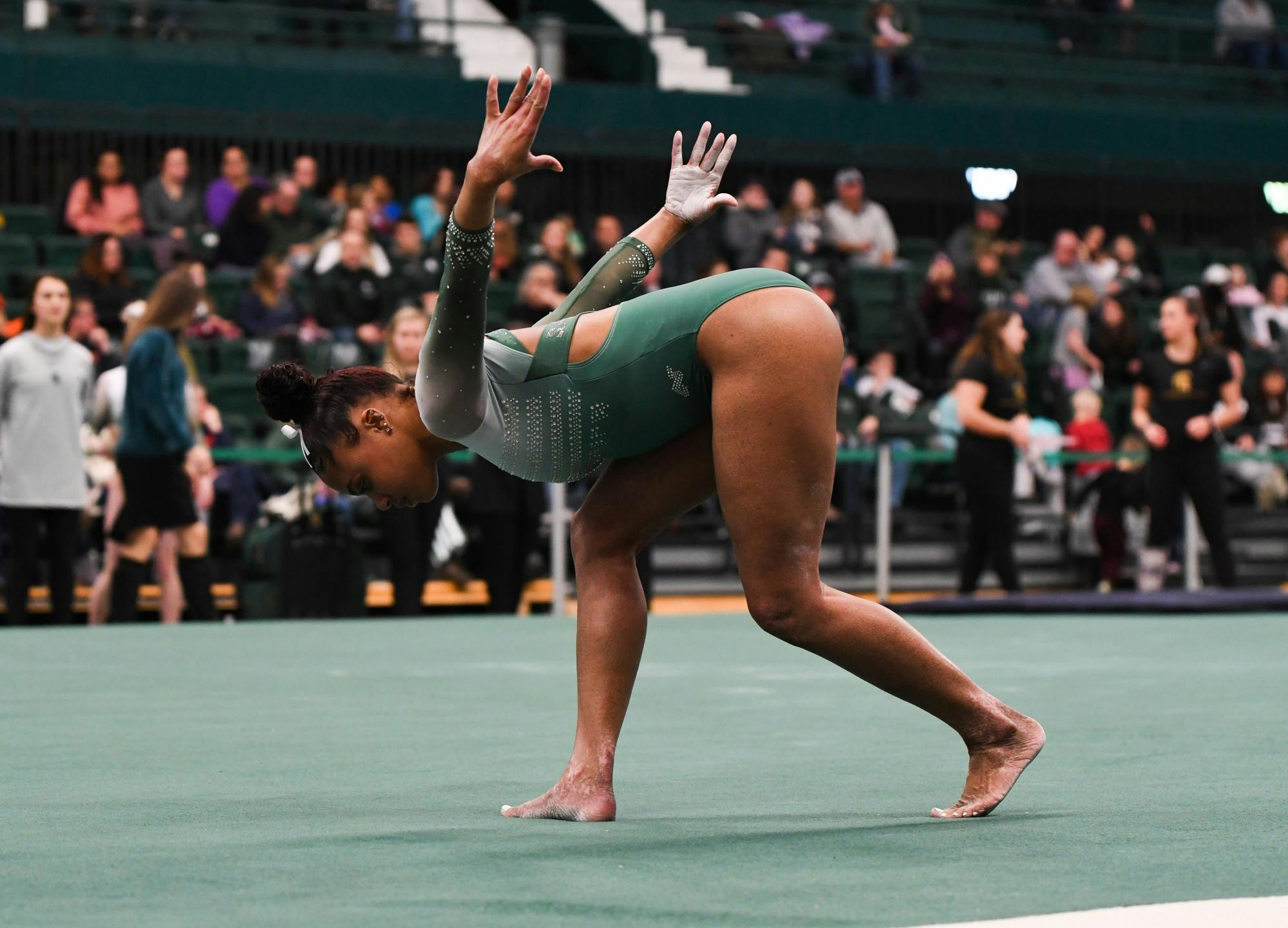 <p>Freshman Nyah Smith during her floor routine at the gymnastics meet at Jenison Field House on Feb. 16, 2020. The Spartans took the win over the Fighting Illini. </p>