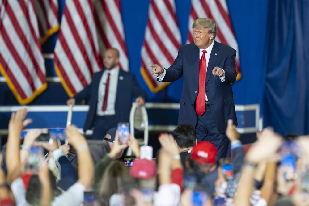 <p>Donald Trump at his rally held in support of Michigan’s GOP midterm ticket on Saturday, Oct. 1, 2022 at Macomb Community College. </p>