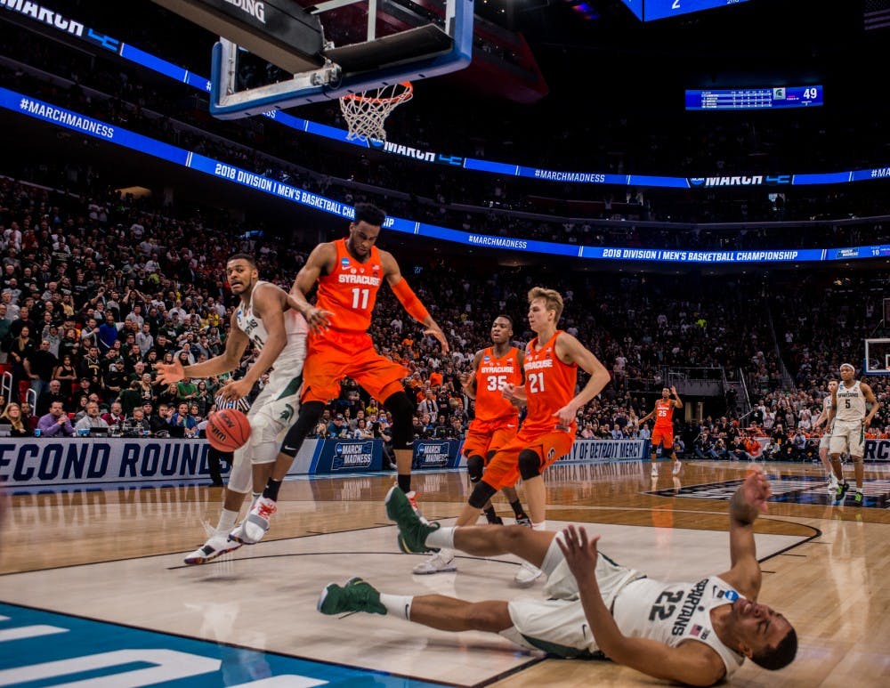 <p>Sophomore guard Miles Bridges (22) reacts during the second half of the &nbsp;game against Syracuse on March 18, 2018 at Little Caesars Arena in Detroit. The Spartans fell to the Orange, 55-53 ending their NCAA journey.&nbsp;</p>