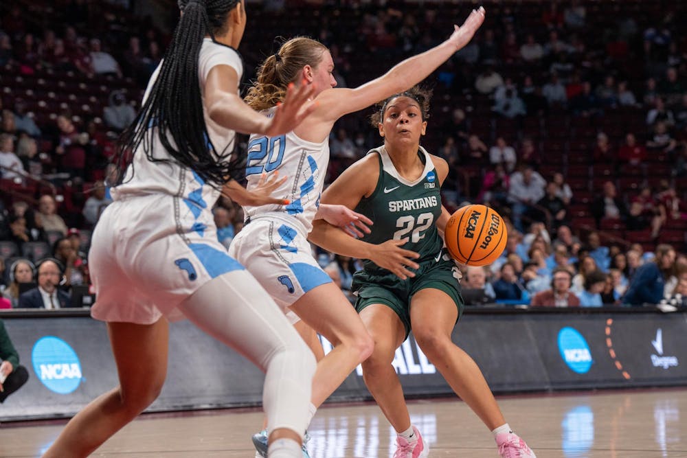 <p>Graduate student guard Moira Joiner (22) drives to the basket during the first round of March Madness matchup against the University of North Carolina Tar Heels at the Colonial Life Arena in South Carolina on March 22, 2024.</p>