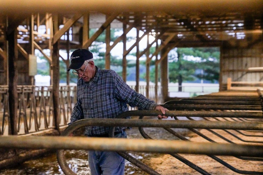 Duane Reum, 88, of Lansing, rearranges the cows grasses along the barn to create a flat area at at the Dairy Cattle and Research Center in Lansing on Sept. 18, 2023. 