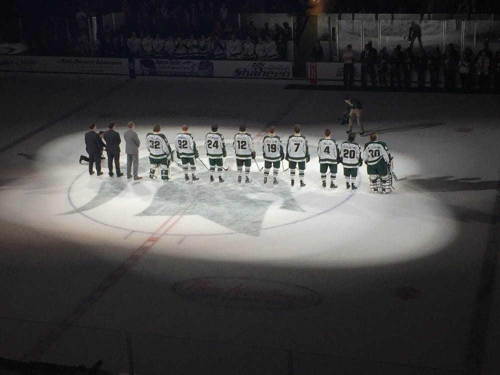 The Spartan seniors line up after the game against Ohio State on March 12, 2016 at Munn Ice Arena. The Spartan seniors were honored after the game in honor of senior night.  