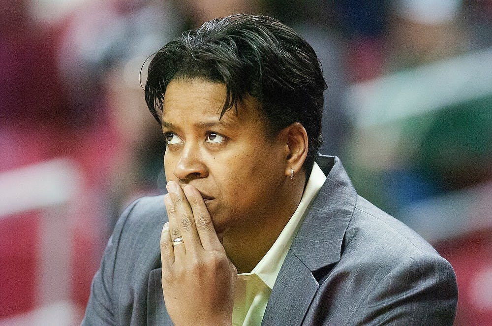 	<p>Assistant coach Tempie Brown watches the second round of the <span class="caps">NCAA</span> Tournament on Monday, March 25, 2013, at Comcast Center in College Park, Md. The Spartans lost to Maryland, 74-49. Julia Nagy/The State News</p>