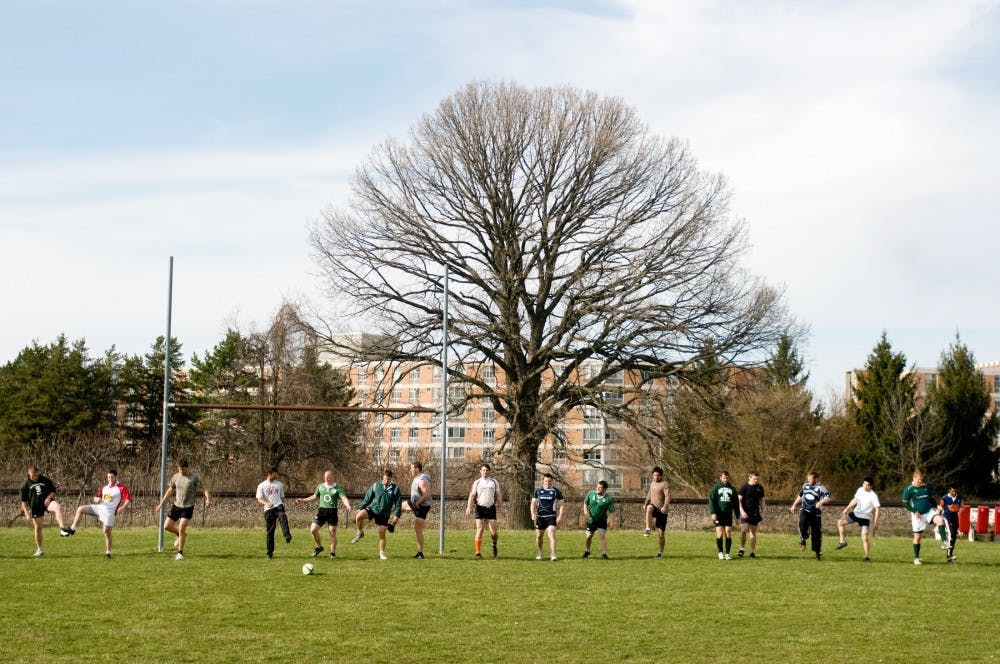 	<p>The <span class="caps">MSU</span> Rugby Football Club practices Thursday at the Service Road fields on campus. The team finished 15th in the nation this year. Kat Petersen/The State News</p>