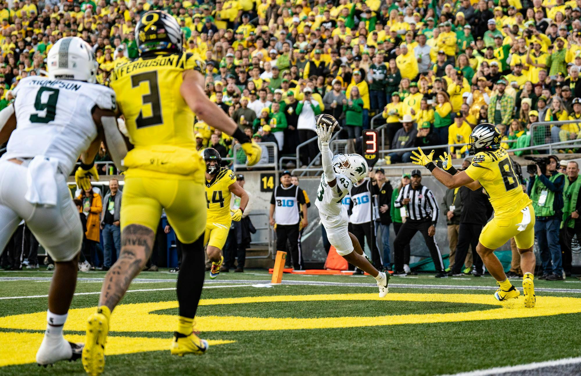 <p>Michigan State University junior defensive back Malik Spencer (43) intercepts a pass from the University of Oregon in Autzen Stadium, Oct. 4, 2024.</p>