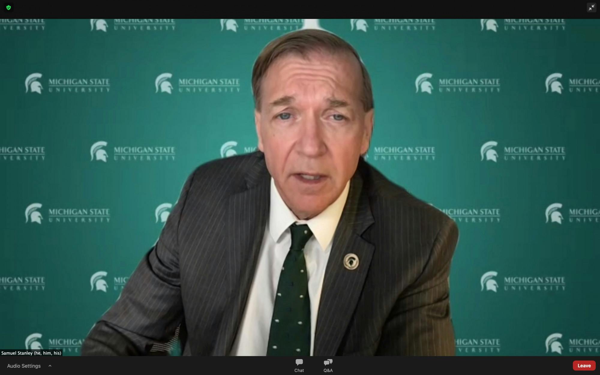 <p>President Samuel L. Stanley Jr. talking during a news conference March 24, 2021, on the new Envision Green program MSU and LCC are implementing.</p>