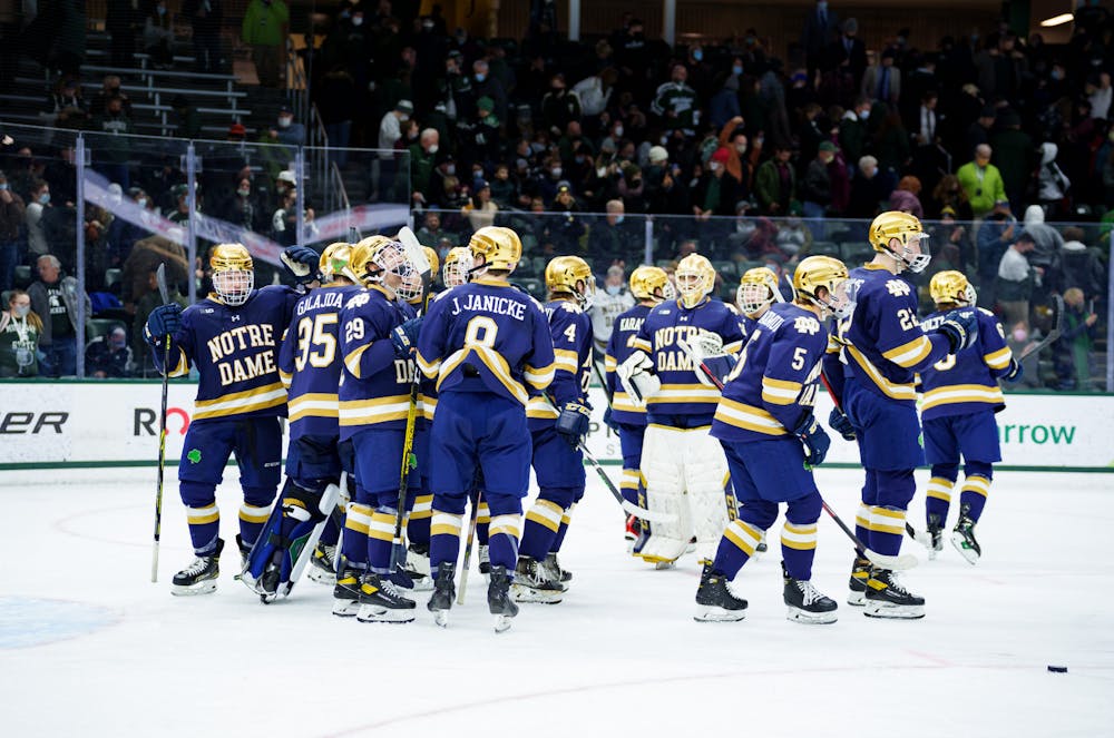 <p>Notre Dame men&#x27;s hockey team celebrating a win on Feb. 19, 2022 against Michigan State. Spartans lost 4-2 against Notre Dame.</p>