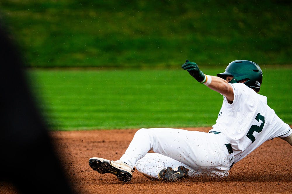 MSU junior outfielder JT Sokolove (2) slides into second base during a game at McLane Stadium on April 13, 2025.