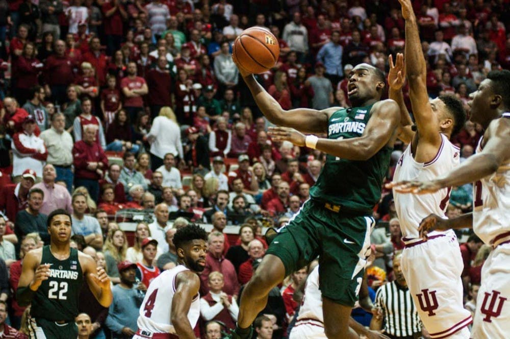 Freshman guard Joshua Langford (1) attempts a layup during the second half of the men?s basketball game against Indiana on Jan. 21, 2017 at Assembly Hall. The Spartans were defeated by the Hoosiers, 75-82.