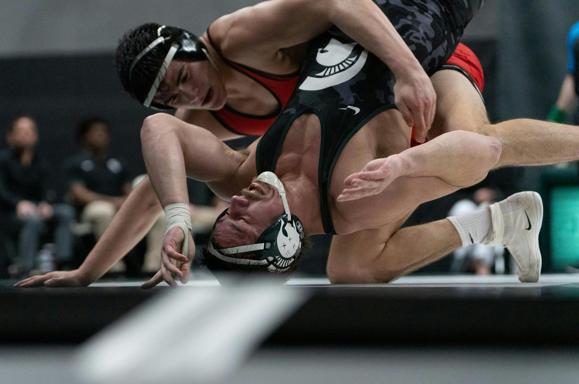 <p>Redshirt senior Ryan Boucher is taken down during the dual match against Rutgers University at Jenison Field House in East Lansing, Michigan, on Friday, Feb. 13, 2026.</p>