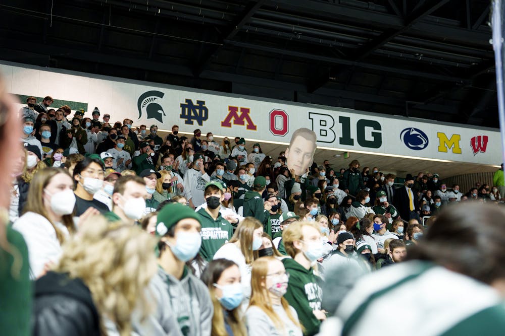 <p>Michigan State student section cheering on the Spartans in their game against Notre Dame on Feb. 18, 2022. Spartans lost 2-1 against Notre Dame.<br/><br/><br/><br/></p>