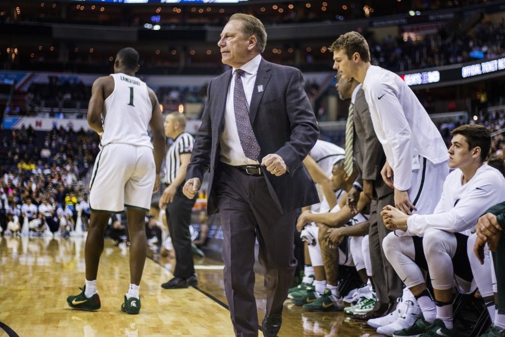 <p>Head coach Tom Izzo expresses emotion during the second half of the game against&nbsp;Penn State University in the second round of the Big Ten Tournament on March 9, 2017 at the Verizon Center in Washington D.C. The Spartans defeated the Nittany Lions, 78-51.</p>