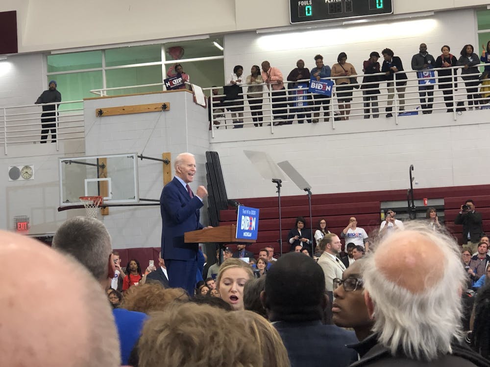 <p>Democratic presidential candidate Joe Biden visits Renaissance High School in Detroit on March 9, 2020.</p>