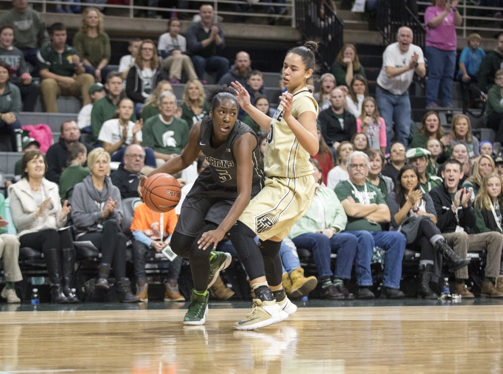 Redshirt-freshman forward Victoria Gaines (15) drives the ball to the basket during the third quarter of the women's basketball game against Purdue on Jan. 22, 2017 at Breslin Center. The Spartans were defeated by the Boilermakers, 76-66. 