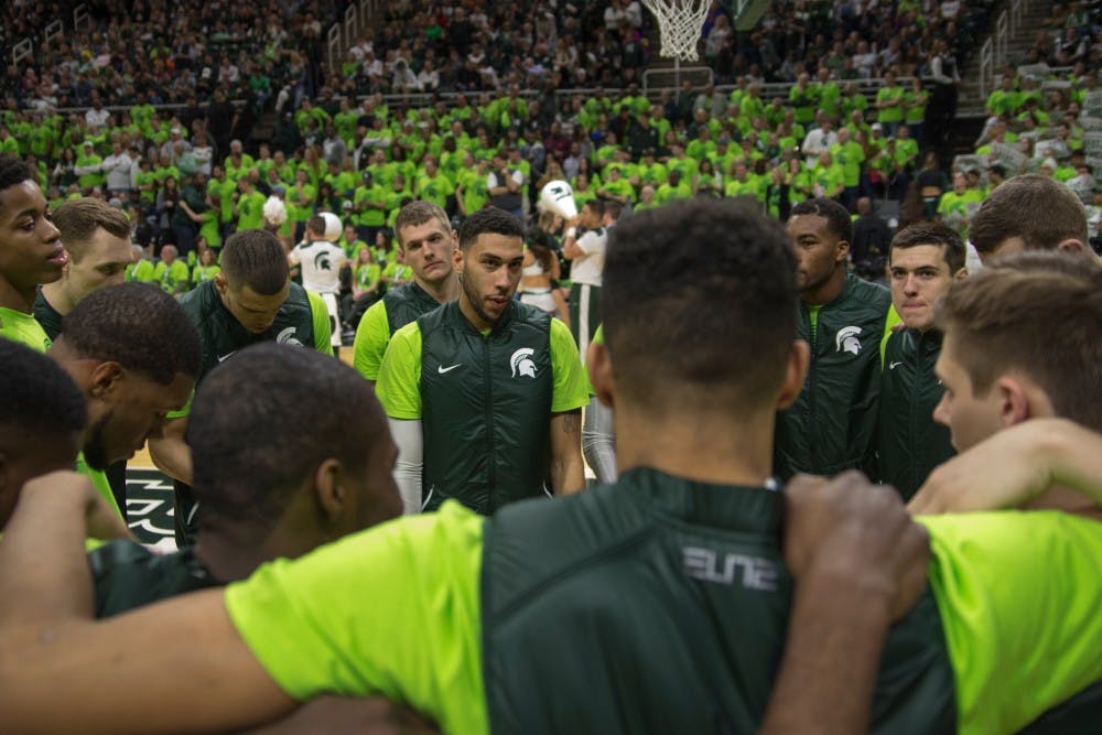The Spartans huddle together before the game against Maryland on Jan. 23, 2016 at Breslin Center. The Spartans defeated the Terrapins, 74-65.