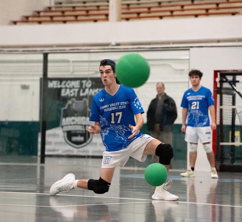 Michigan State University’s club dodgeball team throws the ball toward Grand Valley University during the 2026 Michigan Dodgeball Cup at Demonstration Hall on Feb. 21, 2026.