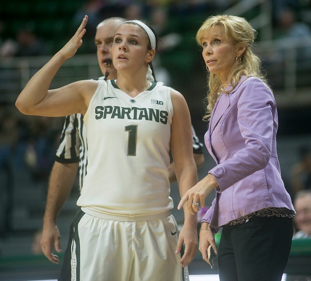 <p>Sophomore guard Tori Jankoska reacts to a play with head coach Suzy Merchant Dec. 16, 2014, during the game against Alcorn at Breslin Center. The Spartans defeated the Braves, 77-41. Erin Hampton/The State News</p>