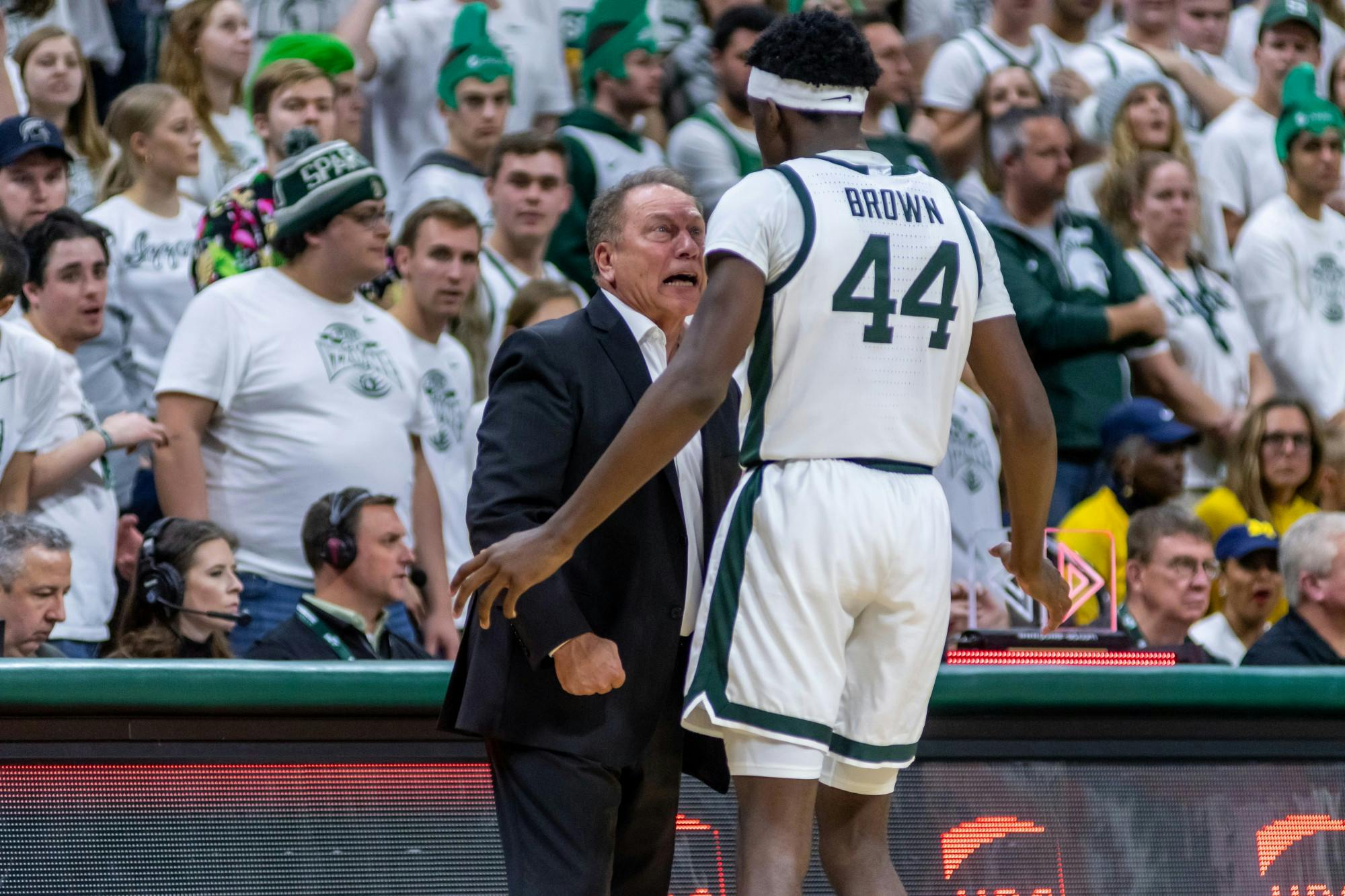 <p>Coach Tom Izzo (left) yells at sophomore forward Gabe Brown (44). The Spartans defeated Michigan, 87-69, at the Breslin Student Events Center on Jan. 5, 2020. </p>
