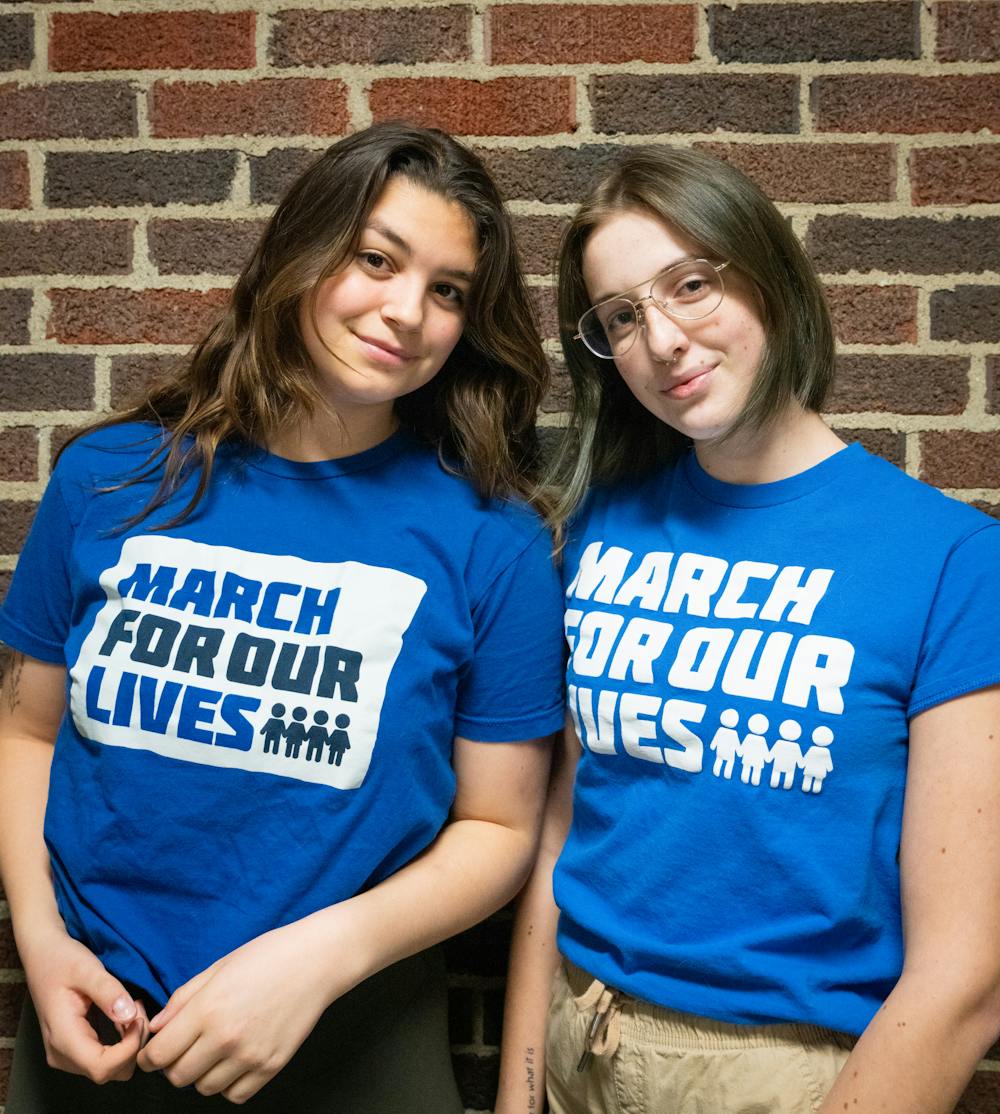<p>Co-presidents Hailey Kenward (left), student relations sophomore, and genetics and molecular sciences junior Zoe Haden (right) lead the Spartans Against Gun Violence club here at MSU. Photo taken at the Union on Nov. 21, 2022. </p>